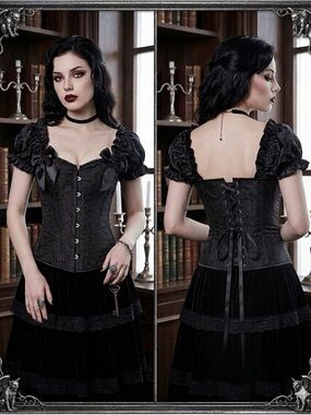 Luxurious Vintage-Inspired Gothic Corset Top – Satin Sleeves, Embroidered Detail